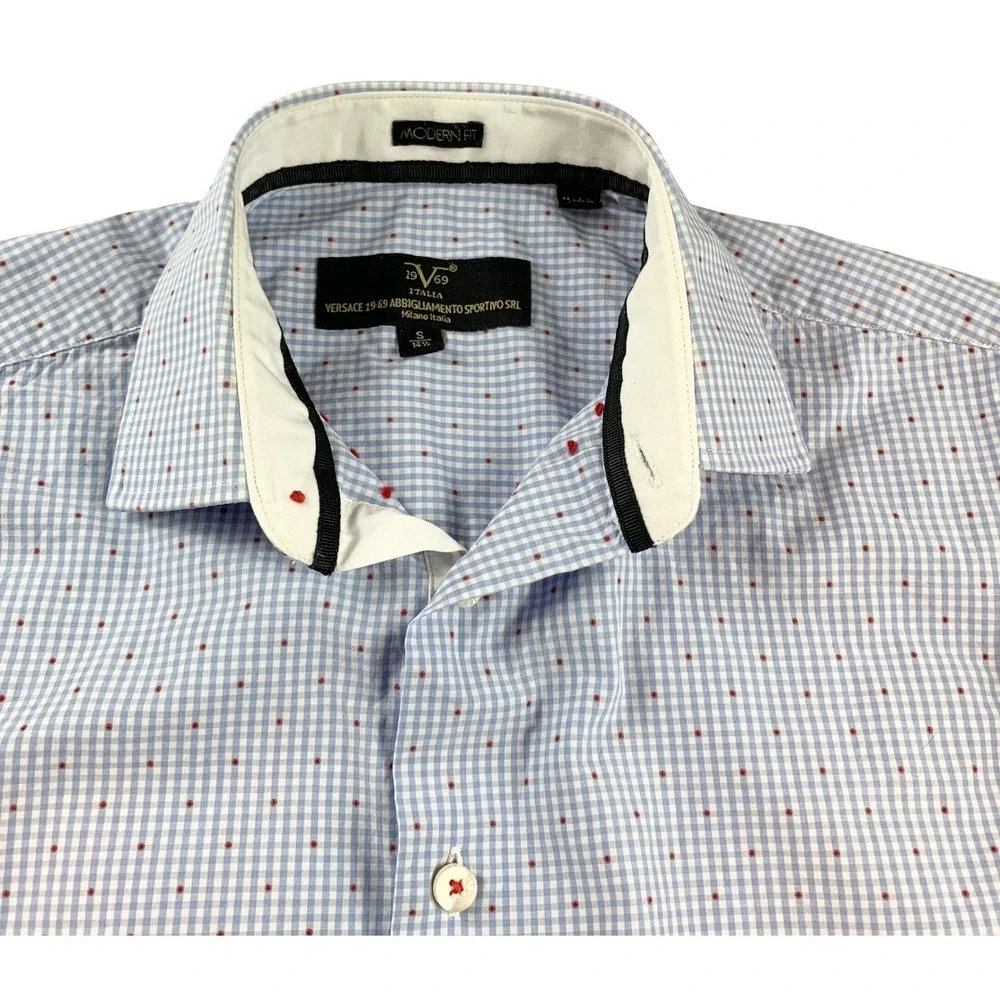 Versace 19V69 Mens Blue Gingham Red Dot Button Down Shirt‎ Modern Fit Small 14.5